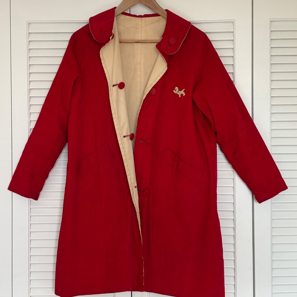 Vintage Baby Corduroy Red BabyDoll Reversible Coat 50's Pup Dog Emblem